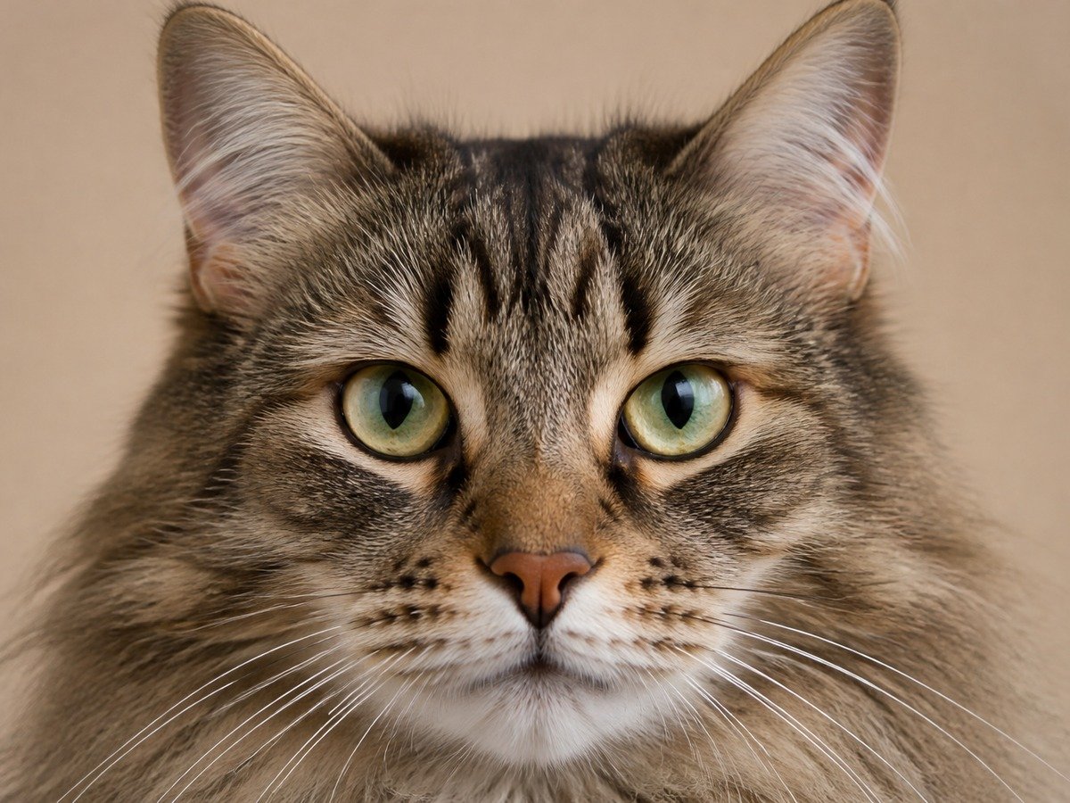 Rosto do gato de frente, com orelhas, olhos, focinho e bigodes visíveis