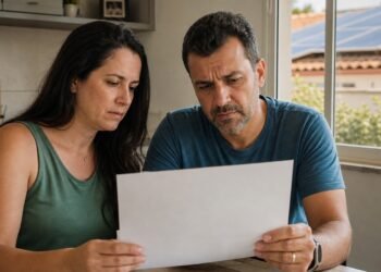 Casal analisa a conta de luz na cozinha, com painéis solares na janela ao fundo