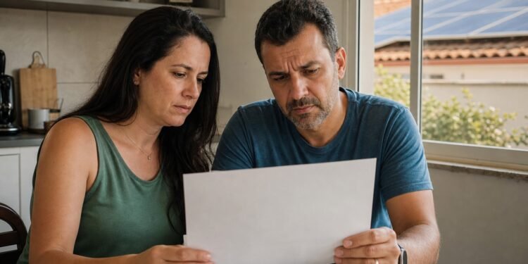 Casal analisa a conta de luz na cozinha, com painéis solares na janela ao fundo