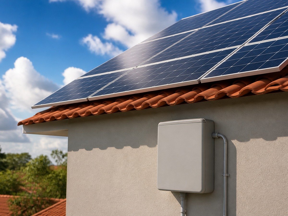 Painéis solares no telhado de uma casa, com a caixa do medidor abaixo