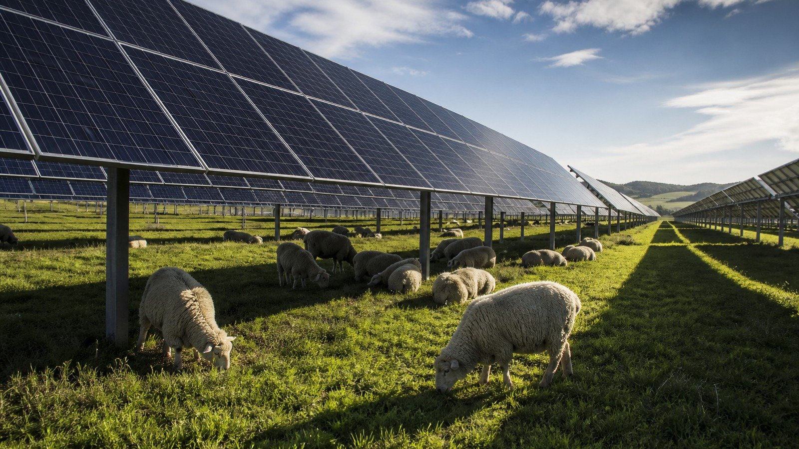 Fazendeiros do Texas soltaram ovelhas embaixo de 68 mil acres de placas solares para não precisar roçar o mato, e um estudo do Oregon mediu o que ninguém esperava: mesmo com 38% menos pasto na sombra, os cordeiros ganharam o mesmo peso que os criados a céu aberto