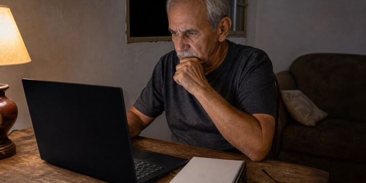 Homem acompanha o leilão pelo computador à noite, em casa