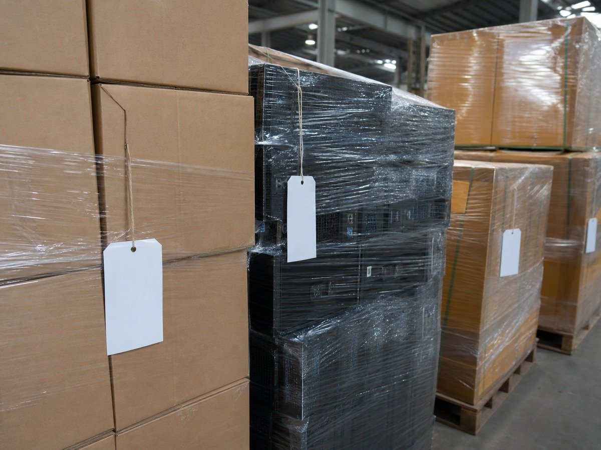 Lotes lacrados de eletrônicos empilhados em depósito, com etiquetas de lote