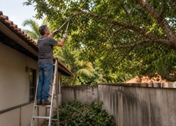 Galhos sobre o telhado podem ser cortados apenas até a linha divisória.