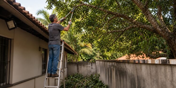 Galhos sobre o telhado podem ser cortados apenas até a linha divisória.