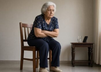 Mulher de setenta anos levanta da cadeira com os braços cruzados no peito