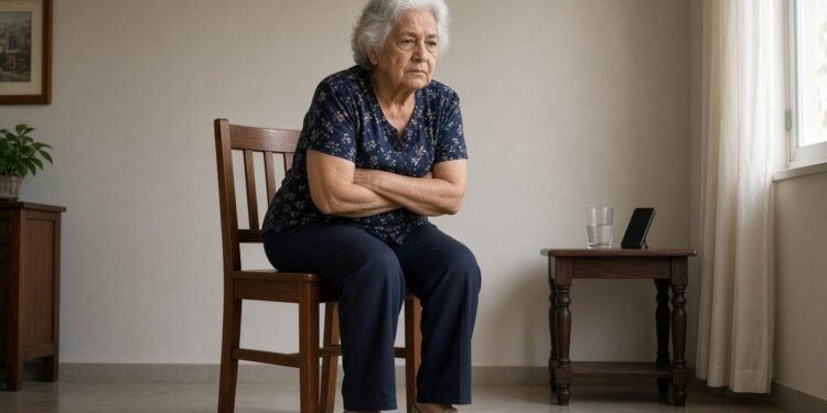 Mulher de setenta anos levanta da cadeira com os braços cruzados no peito