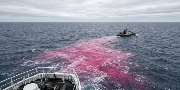 Mancha rosa se abre atrás do casco de um barco de pesquisa em mar aberto