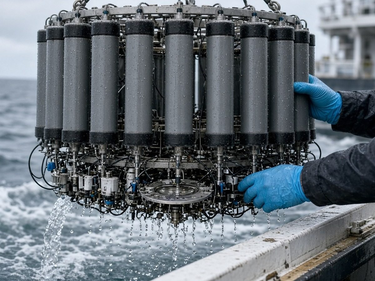 Amostrador com garrafas cinzentas sendo içado pela amurada do navio