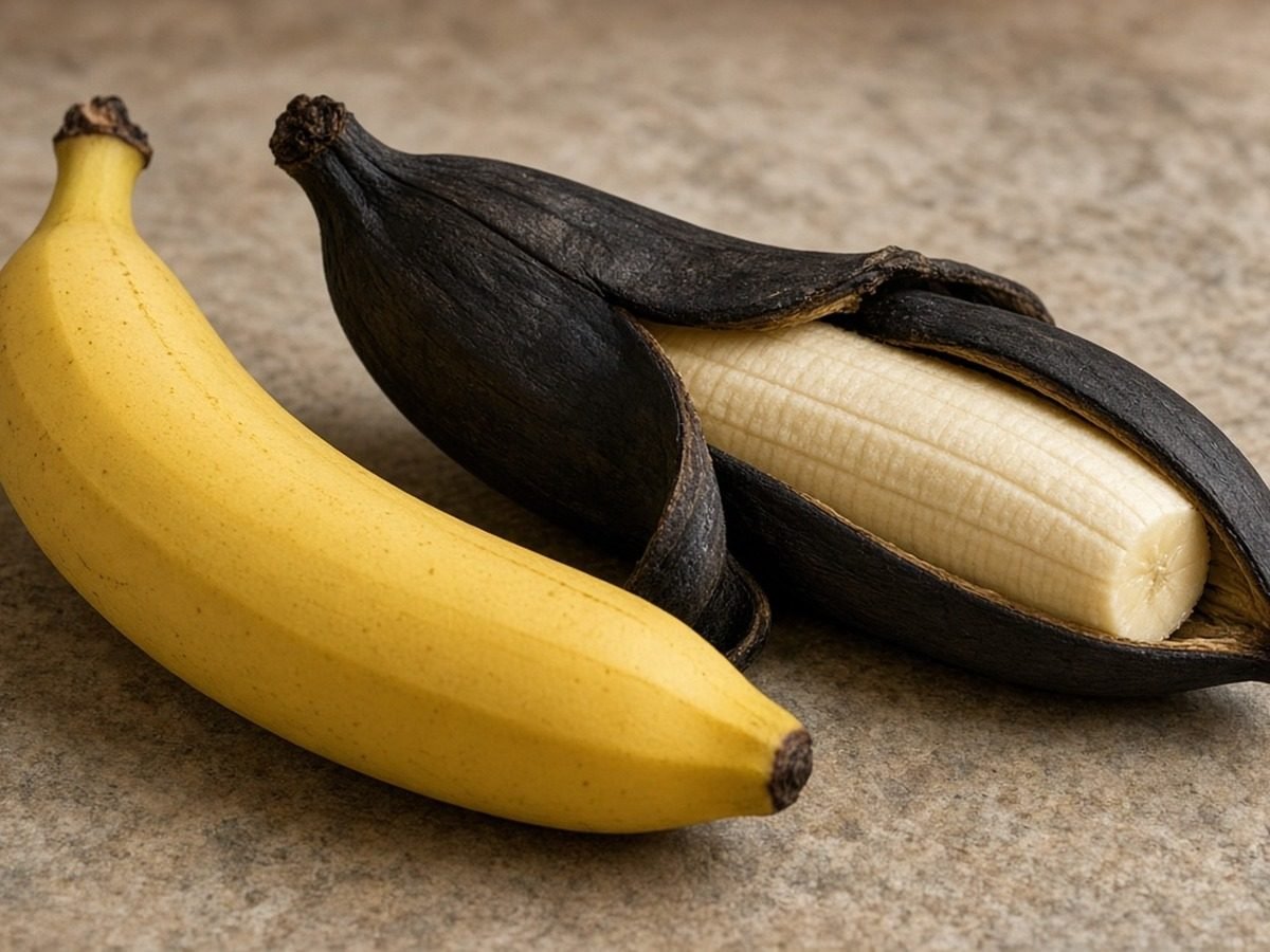 Banana amarela ao lado de outra de casca preta com a polpa dura