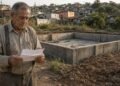 Aposentado lê uma notificação em pé no terreno com a fundação pronta
