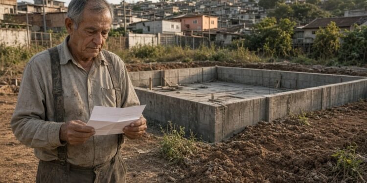 Aposentado lê uma notificação em pé no terreno com a fundação pronta