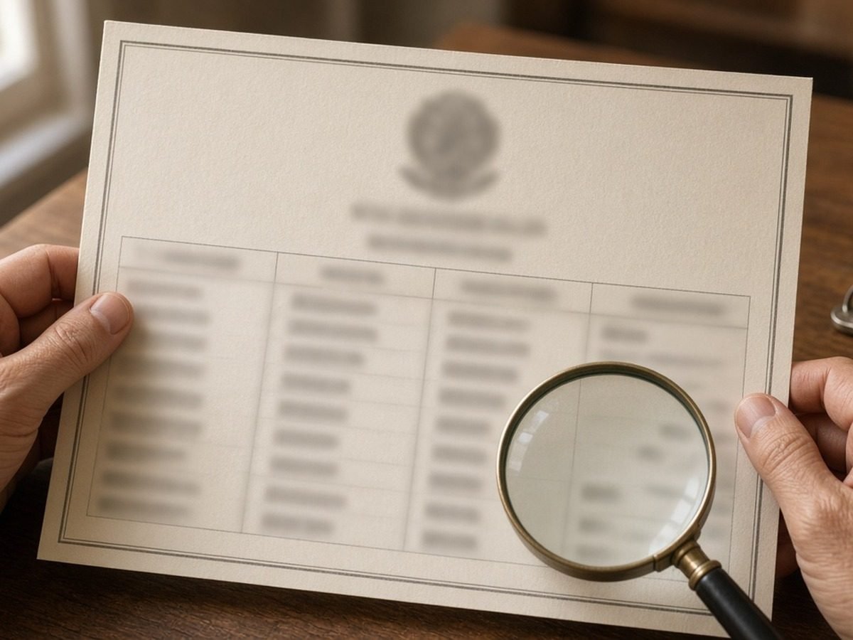 Mãos com a certidão de matrícula e uma lupa sobre um registro antigo
