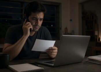 Homem liga para o banco à noite com o boleto impresso na mão