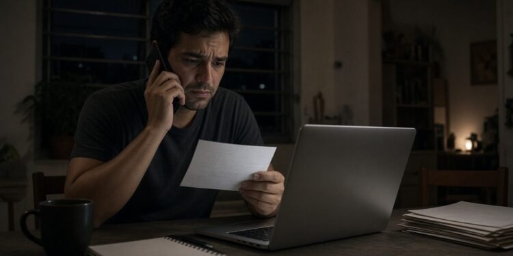 Homem liga para o banco à noite com o boleto impresso na mão