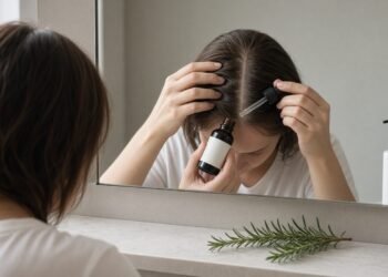 Pessoa aplica óleo com conta-gotas na risca do cabelo diante do espelho