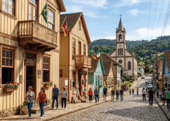 Casas de madeira com “rendas” recortadas na beira do telhado e lojas no térreo contam a vida dos imigrantes na cidade gaúcha que a ONU colocou entre as melhores vilas do mundo