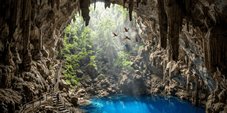 Um lago subterrâneo que fica azul com a luz do sol e uma cratera de 100 metros onde araras fazem ninhos formam duas maravilhas de pedra nascidas da água em MS