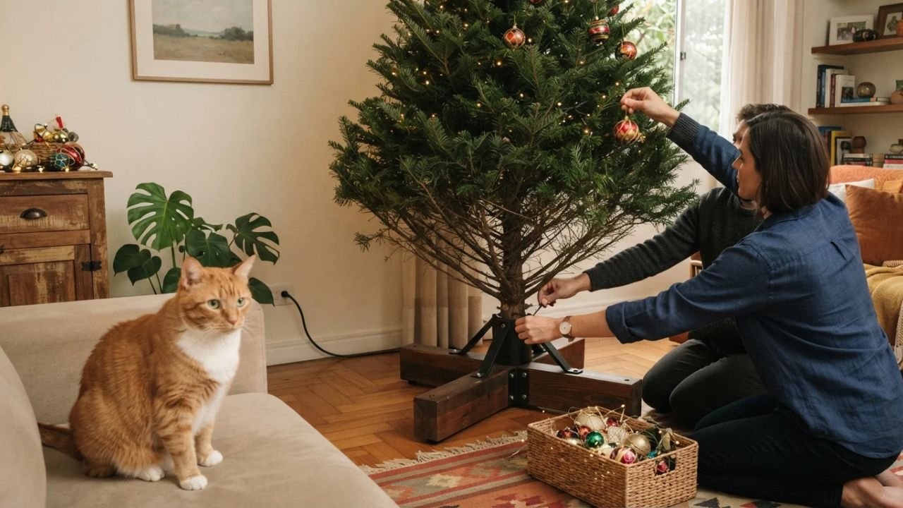 A árvore de Natal amanhece desmontada todos os dias, mas três ajustes podem reduzir o interesse do gato pelos enfeites
