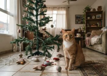 A árvore de Natal amanhece desmontada todos os dias, mas três ajustes podem reduzir o interesse do gato pelos enfeites