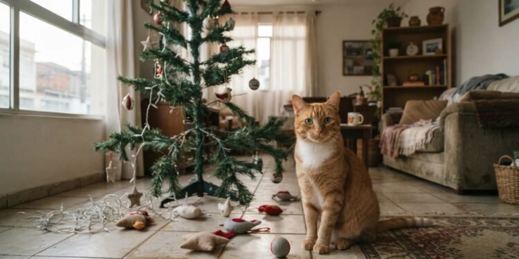 A árvore de Natal amanhece desmontada todos os dias, mas três ajustes podem reduzir o interesse do gato pelos enfeites