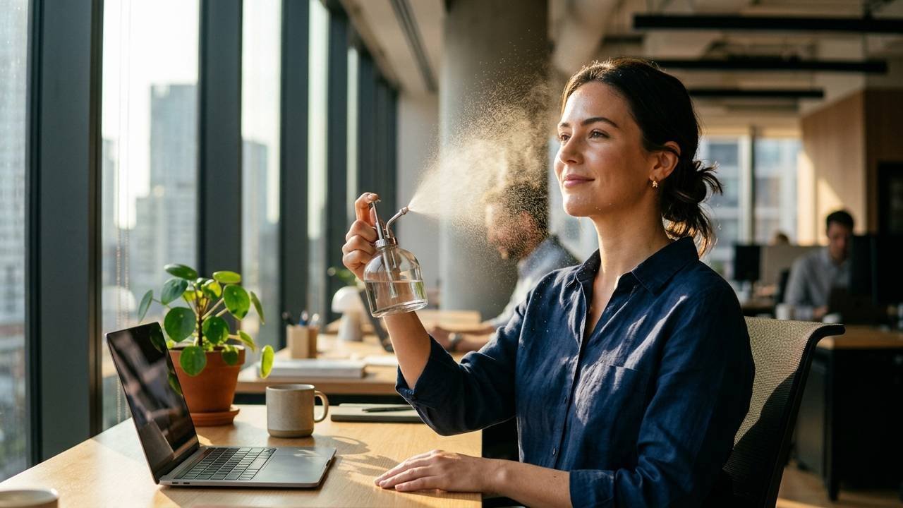 Borrifar água termal durante o expediente de trabalho: o hábito simples que acalma a pele cansada e devolve o viço no dia a dia
