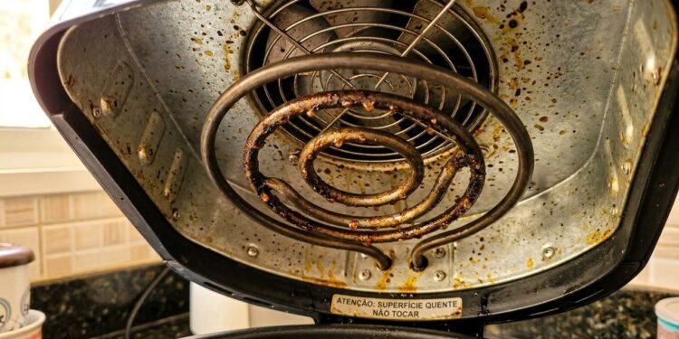Um dos pontos que merecem atenção é a resistência de aquecimento, normalmente localizada na região superior interna das fritadeiras de cest