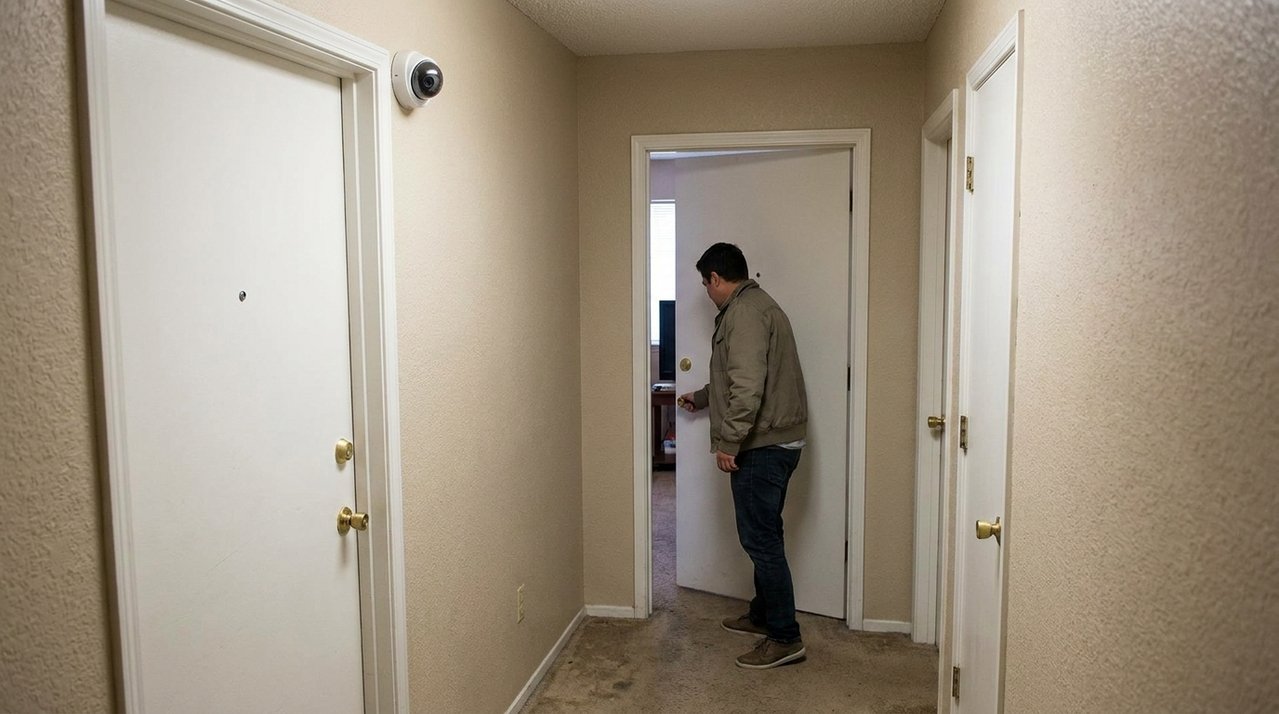 Moradora instala câmera de segurança apontada para o corredor do condomínio e descobre que o equipamento também registra a entrada do apartamento vizinho; uma reclamação formal levanta dúvidas sobre privacidade