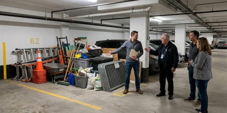 Moradora compra apartamento com vaga de garagem anunciada como privativa e descobre que o espaço é utilizado há anos pelo síndico para guardar equipamentos do condomínio; o conflito chega à assembleia