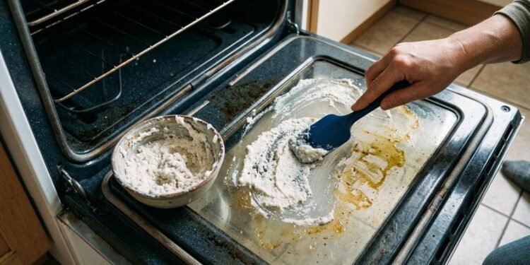 Uma alternativa é preparar uma pasta de bicarbonato de sódio com água, formando uma mistura espessa que consiga permanecer sobre a área engordurada.