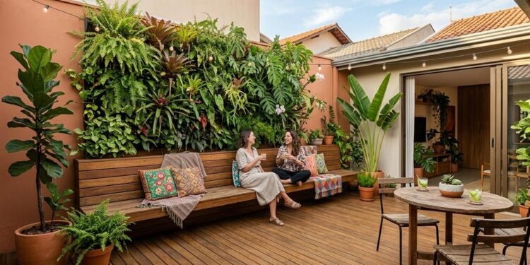 Instalar um deck em parte do quintal pode marcar visualmente onde começa a área de estar.