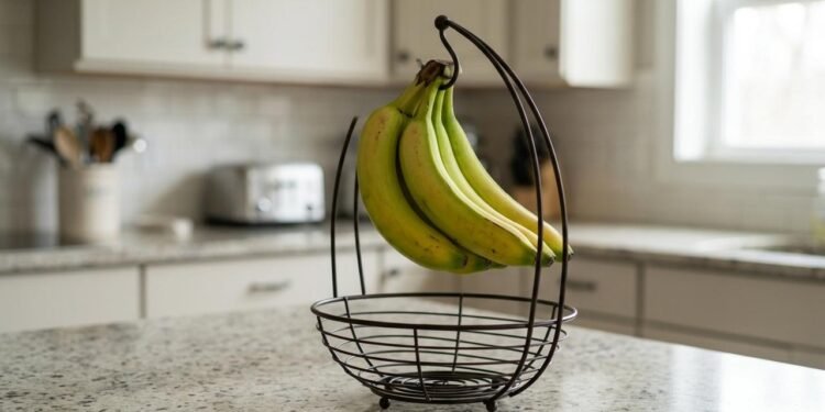 O ideal é manter as bananas ainda verdes ou em processo de amadurecimento em um local fresco, seco e ventilado, longe da luz solar direta.