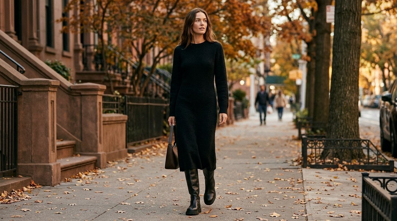 Vestido preto e botas que roubam a atenção: queremos copiar esta edição de outono da cabeça aos pés