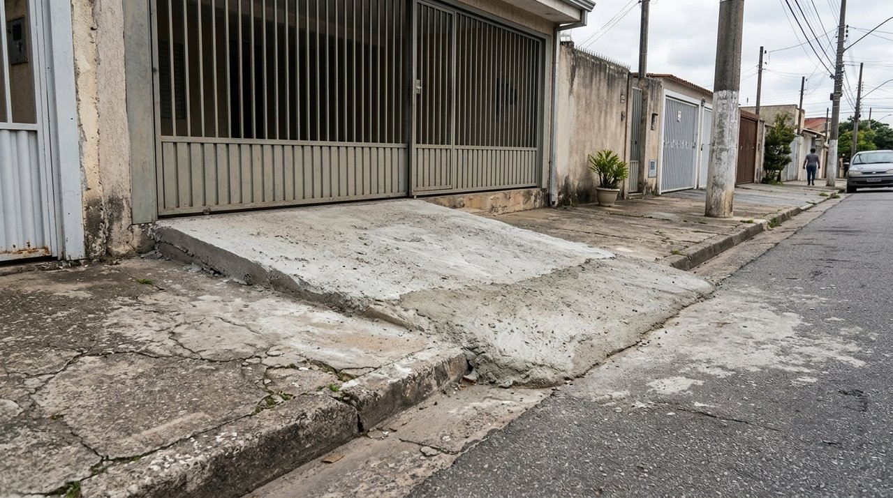 Morador constrói rampa de concreto entre garagem e rua para carro não raspar e recebe reclamação depois que estrutura começa a dificultar passagem pela calçada