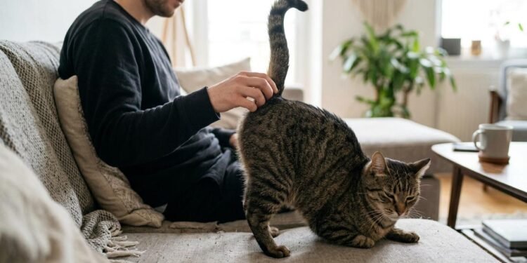 O gesto acontece quando o gato eleva a parte traseira do corpo, às vezes arqueando levemente as costas, enquanto recebe carinho.