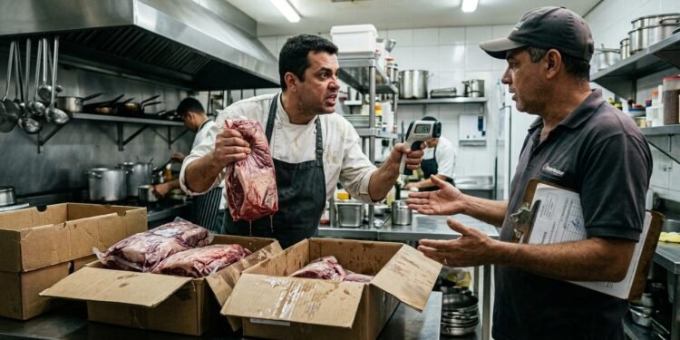 Ao iniciar a conferência dos produtos, Marcelo notou que algumas embalagens estavam mais quentes do que o esperado para carnes refrigeradas. // Imagem ilustrativa gerada por IA para representar a situação descrita no texto; pessoas, locais e elementos visuais não correspondem necessariamente aos reais