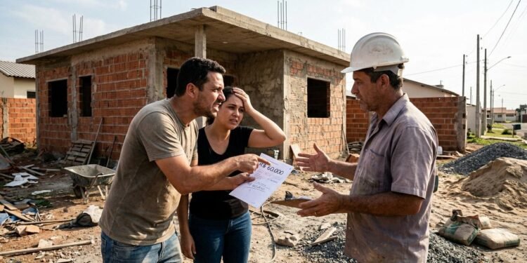 Rafael e Mariana contrataram uma construtora para executar uma casa térrea em um terreno da família.  // Imagem ilustrativa gerada por IA para representar a situação descrita no texto; pessoas, locais e elementos visuais não correspondem necessariamente aos reais