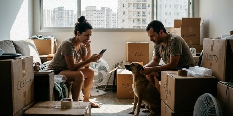 Mariana Lopes, de 31 anos, e Rafael Almeida, de 34, procuravam um apartamento onde pudessem morar com Thor, um cachorro de 18 quilos. // Imagem ilustrativa gerada por IA para representar a situação descrita no texto; pessoas, locais e elementos visuais não correspondem necessariamente aos reais