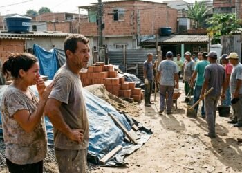 Família mora de favor com parentes enquanto guarda cimento, ferro e telhas durante cinco anos; obra finalmente começa depois que moradores do bairro organizam mutirão