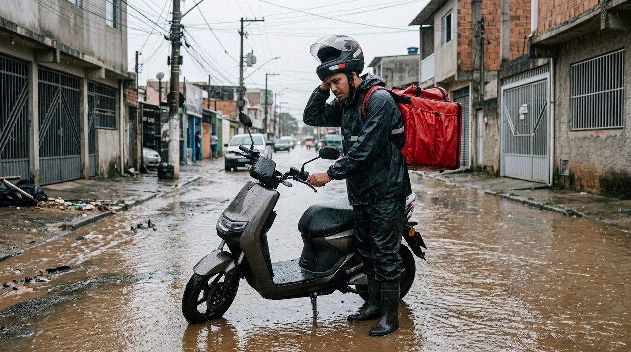 Motoboy compra scooter elétrica de R$ 8 mil para trabalhar e, após passar por rua alagada, veículo para de funcionar e garantia vira discussão sobre contato com água