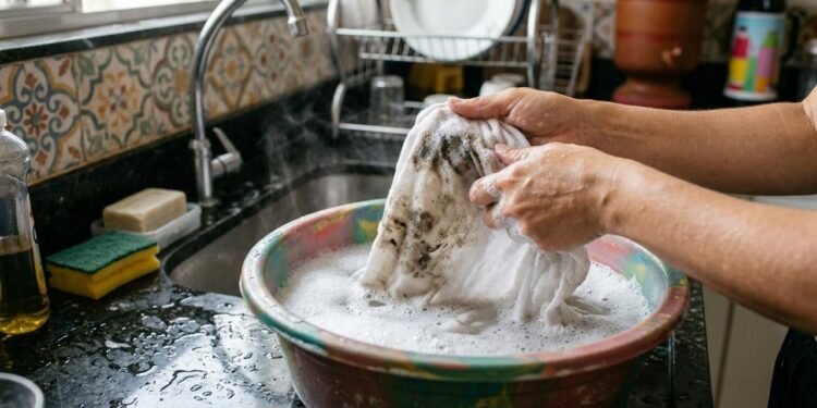 O problema começa quando o tecido acumula umidade, gordura e restos de alimentos durante o uso na cozinha.
