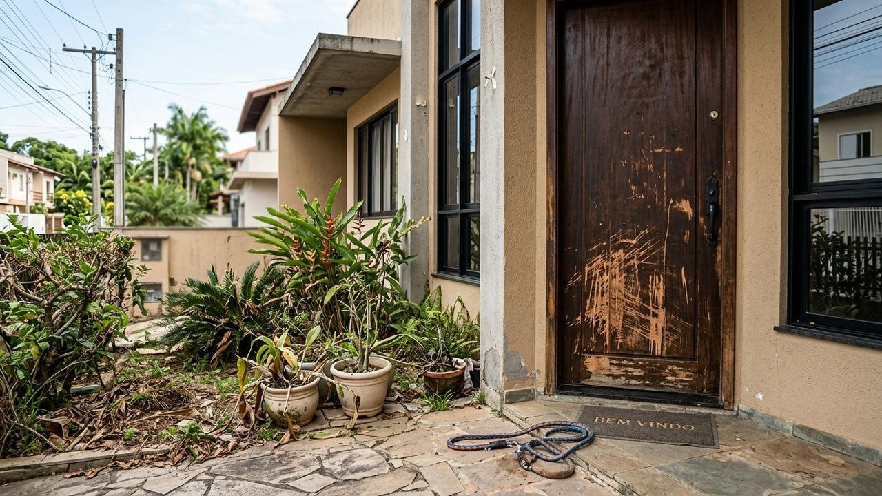 Proprietário aluga casa e permite cachorro, mas recebe imóvel dois anos depois com portas riscadas e jardim destruído; inquilino afirma que parte dos danos já existia antes da mudança