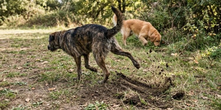 O movimento de jogar terra ou grama para trás com as patas traseiras é chamado de ground-scratching, ou raspagem do solo.