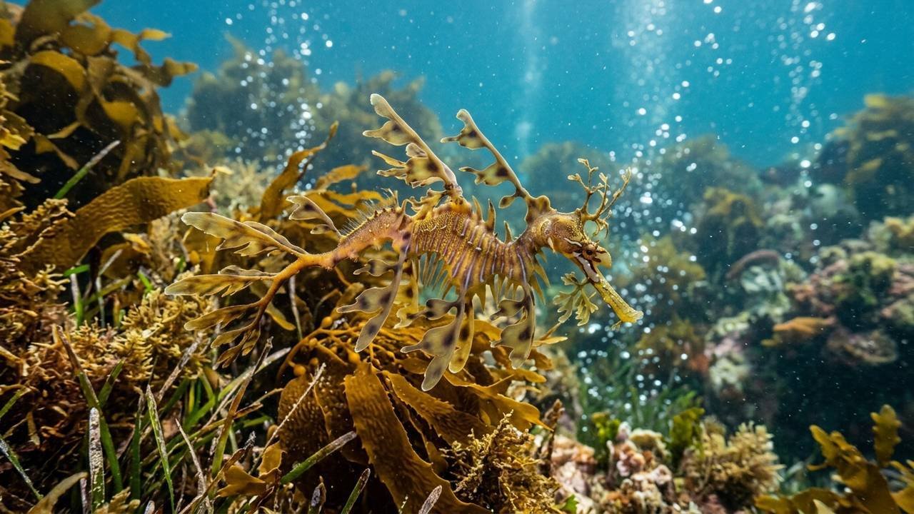 A camuflagem perfeita do dragão-marinho-folhado que surpreendeu os biólogos ao imitar algas flutuantes para desaparecer no oceano
