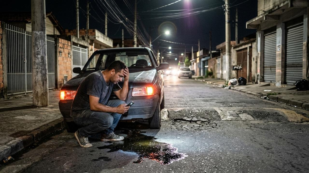 Família passa por lombada sem pintura durante a noite e carro bate por baixo, danificando cárter e vazando óleo