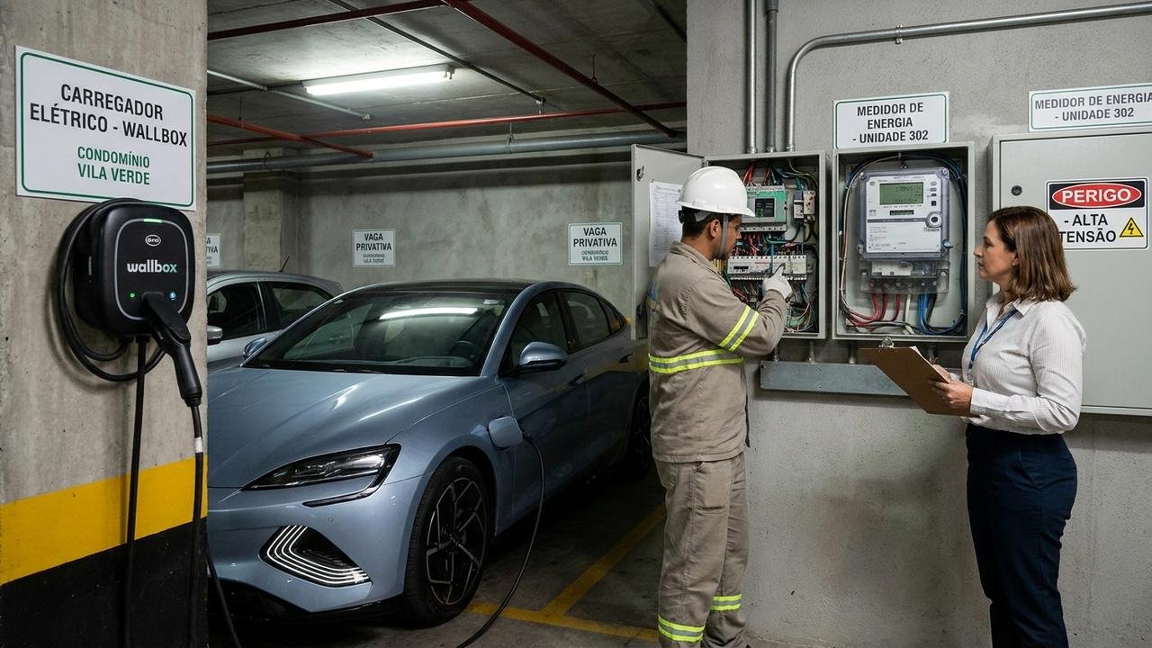 Casal instala carregador para carro elétrico em vaga particular e descobre, três meses depois, que consumo vinha sendo registrado no medidor das áreas comuns; condomínio exige apuração das despesas.