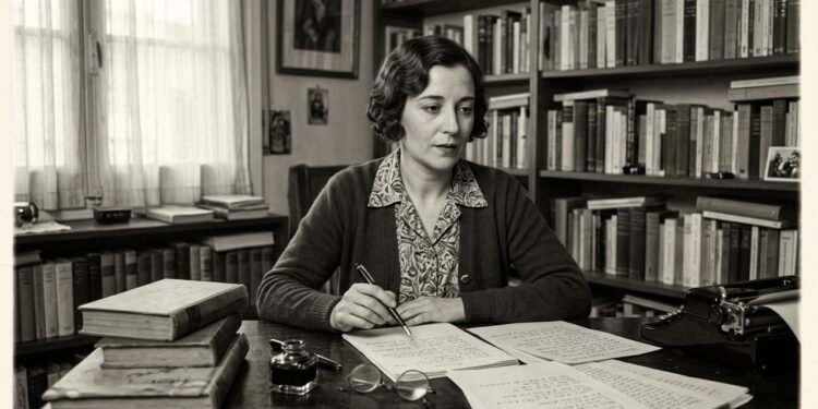 Durante as décadas de 1920 e 1930, Ernestina participou de círculos literários frequentados por alguns dos escritores mais conhecidos da Espanha.  // Imagem ilustrativa gerada por IA para representar a situação descrita no texto; pessoas, locais e elementos visuais não correspondem necessariamente aos reais