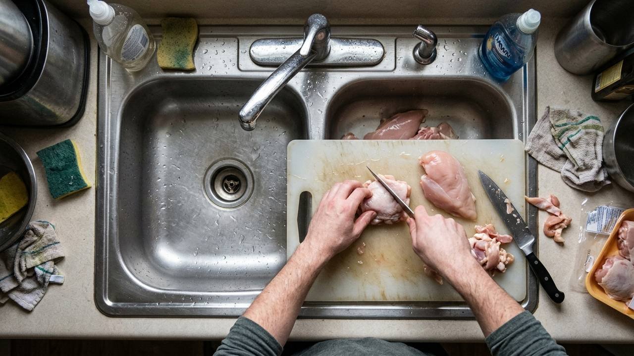 O erro perigoso ao preparar frango na pia da cozinha que microbiologistas alertam que pode contaminar a sua casa inteira em segundos