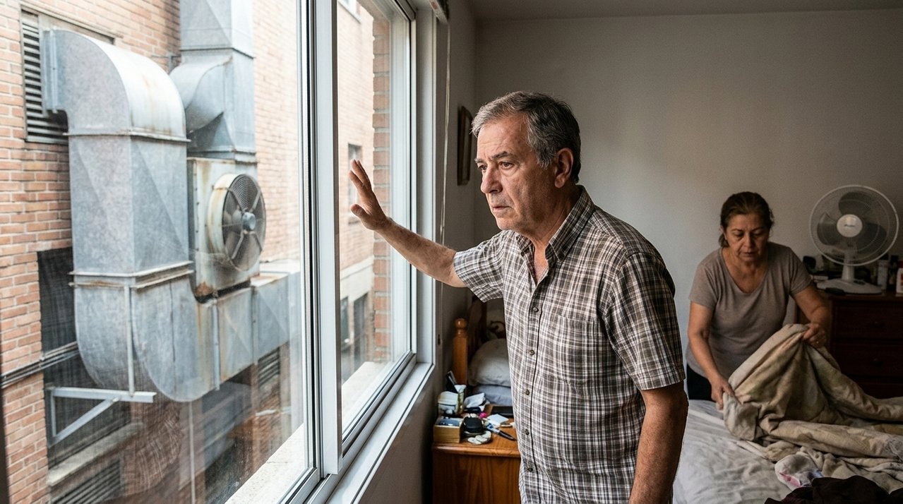 Restaurante instala um exaustor voltado para a janela de uma residência e o cheiro de fritura invade diariamente os quartos; após tentativas frustradas de acordo, a família reúne vídeos e registros para pedir providências