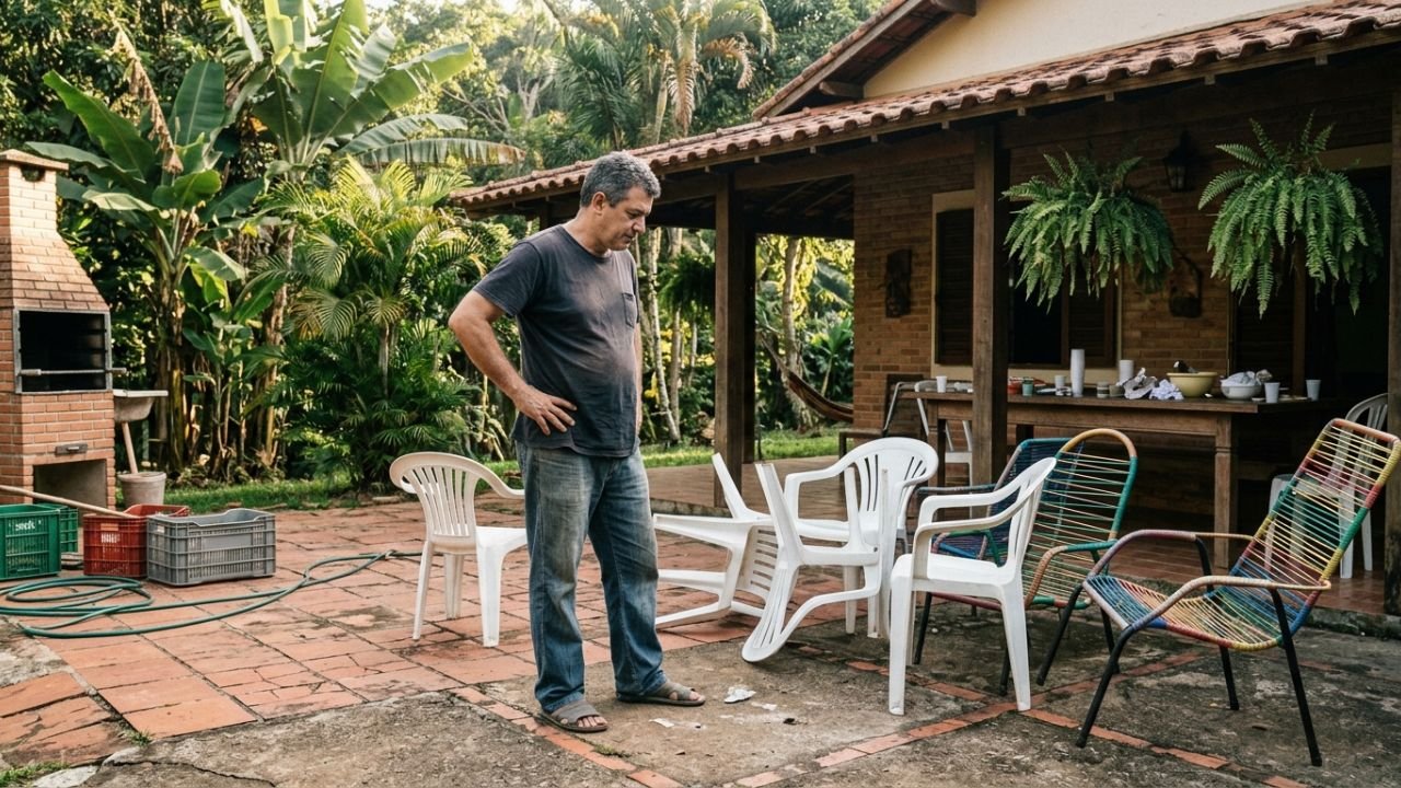 Família empresta chácara para confraternização de amigos e, ao voltar no dia seguinte, encontra móveis do lado de fora, bomba da piscina queimada e lixo enterrado no jardim